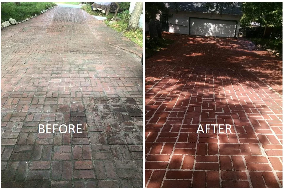 Before and after cleaning results on a brick driveway